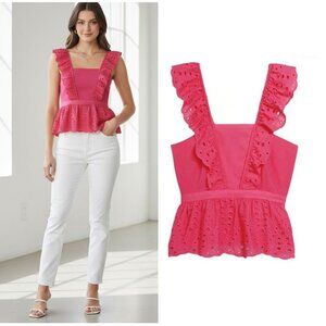 Banana Republic Womens Pink Embroidered Eyelet Peplum Top Blouse Sz S Petite New